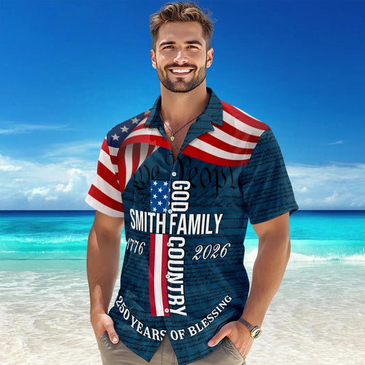 Custom Family Name Patriotic American Flag, 250 Years of Blessing God Hawaii Shirt, 250th Anniversary Gift Moonbestprint