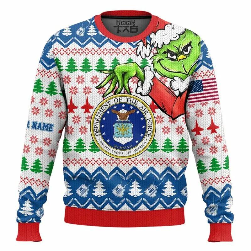 Custom Name Grinch x US Air Force Ugly Christmas Sweater, Grinch Holiday Sweater Moonbestprint