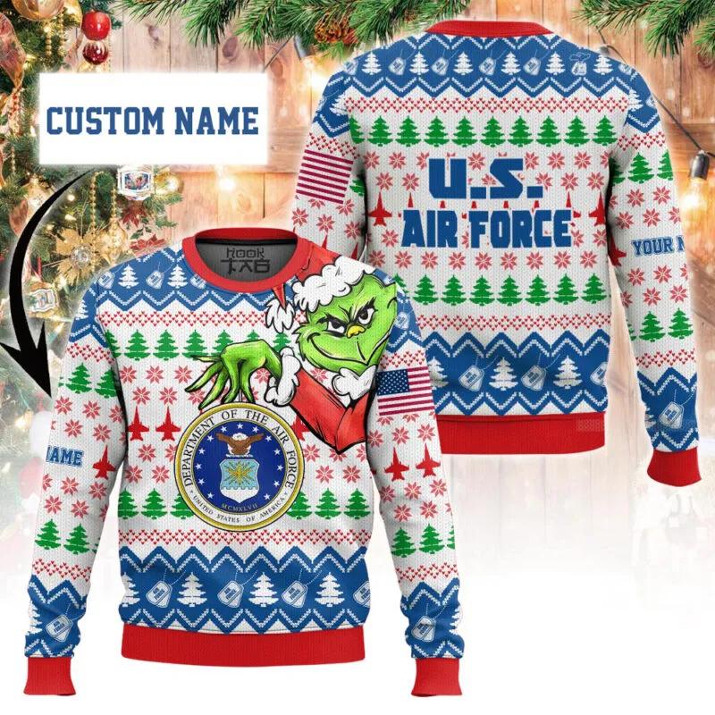 Custom Name Grinch x US Air Force Ugly Christmas Sweater, Grinch Holiday Sweater Moonbestprint