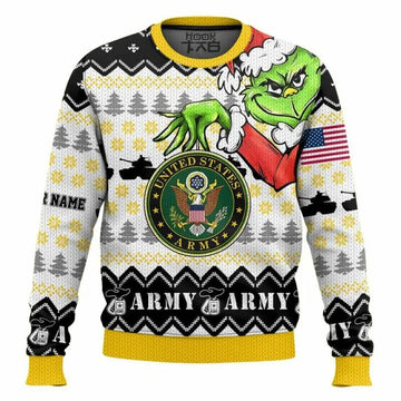 Custom Name Grinch x US Army Ugly Christmas Sweater, Grinch Holiday Sweater Moonbestprint