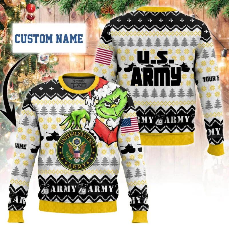 Custom Name Grinch x US Army Ugly Christmas Sweater, Grinch Holiday Sweater Moonbestprint