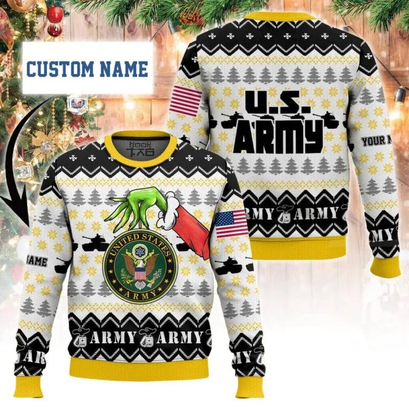Custom Name Grinch x US Army Ugly Sweater, Grinch Holiday Sweater Moonbestprint