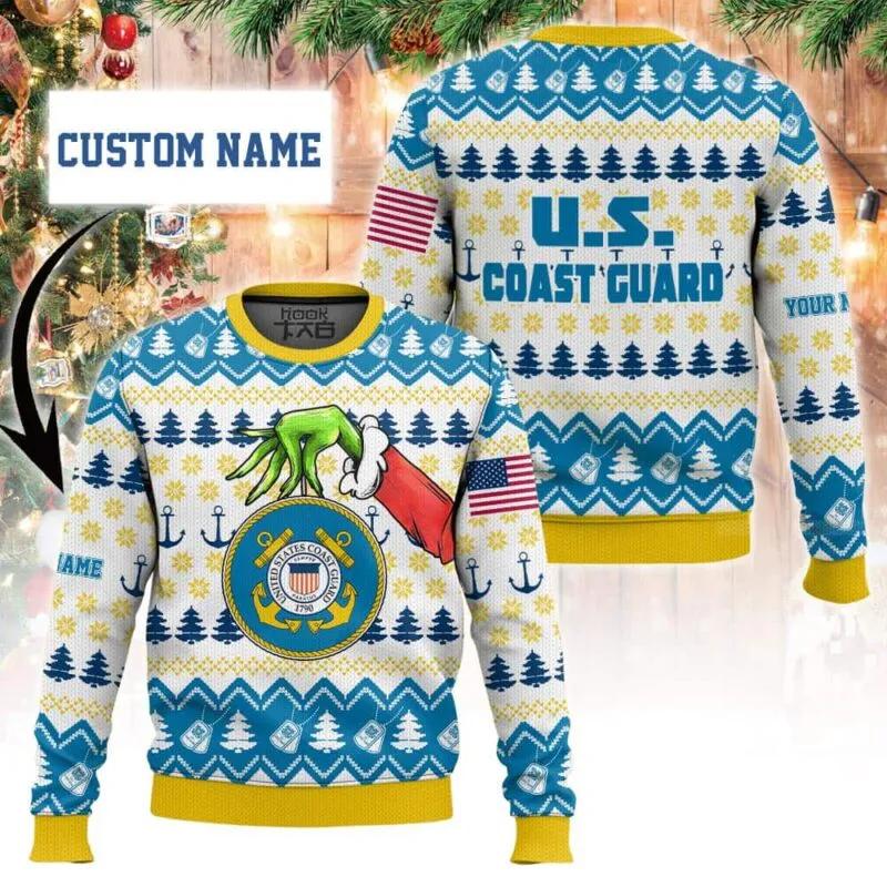 Custom Name Grinch x US Coast Guard Ugly Sweater, Grinch Holiday Sweater Moonbestprint