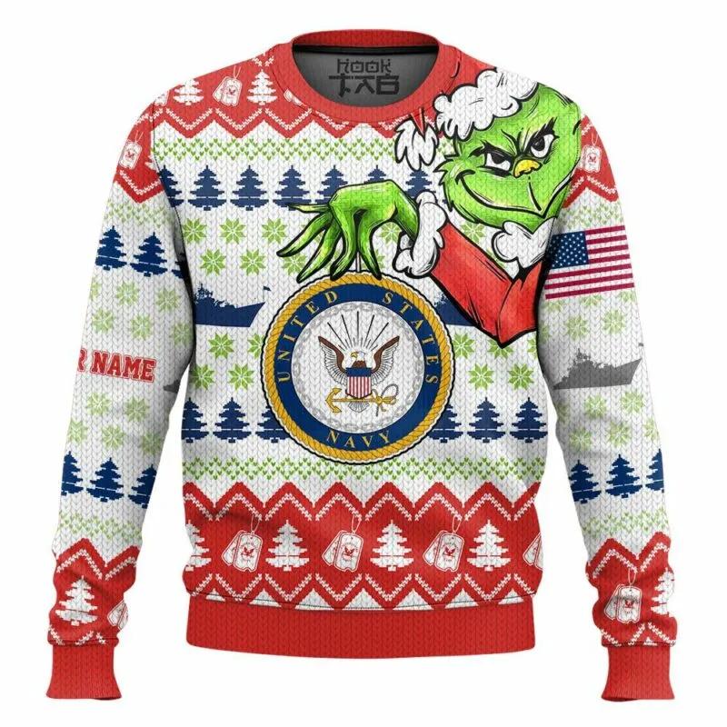 Custom Name Grinch x US Navy Ugly Christmas Sweater, Grinch Holiday Sweater Moonbestprint
