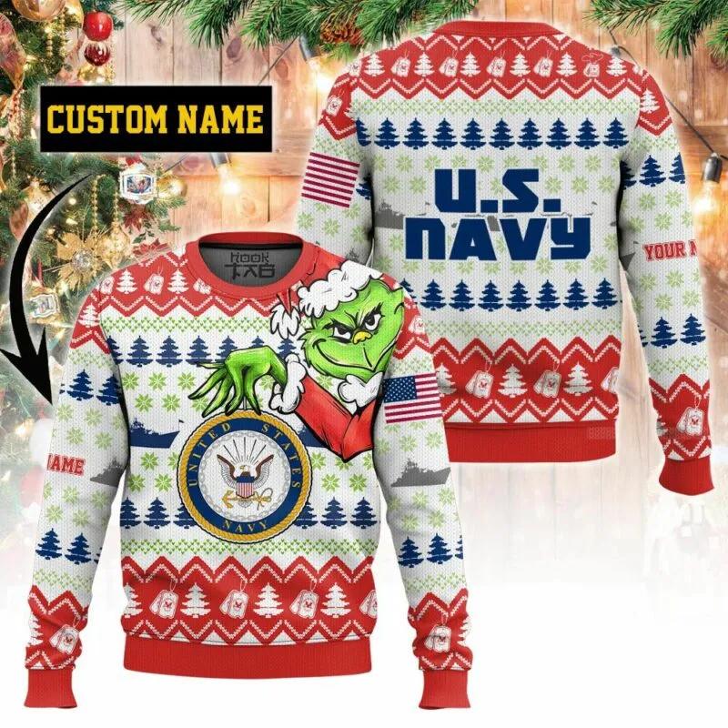 Custom Name Grinch x US Navy Ugly Christmas Sweater, Grinch Holiday Sweater Moonbestprint