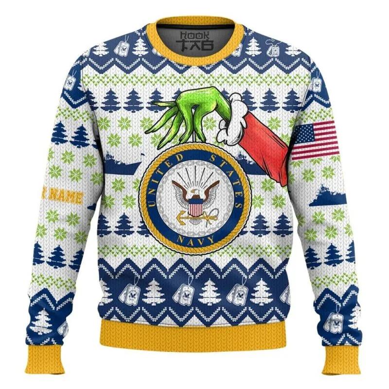 Custom Name Grinch x US Navy Ugly Sweater, Grinch Holiday Sweater Moonbestprint