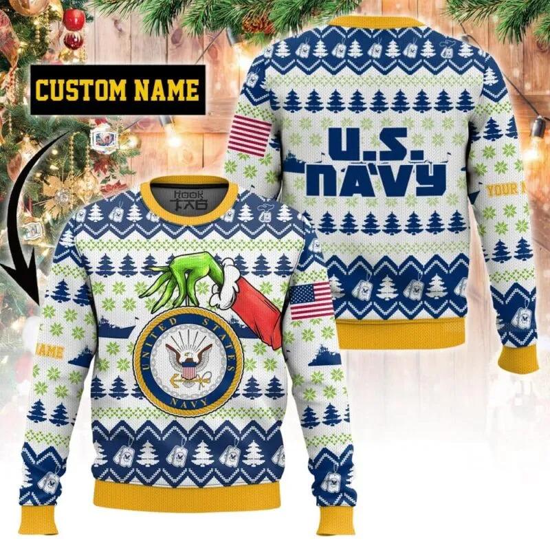 Custom Name Grinch x US Navy Ugly Sweater, Grinch Holiday Sweater Moonbestprint