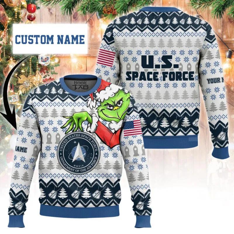 Custom Name Grinch x US Space Force Ugly Christmas Sweater, Grinch Holiday Sweater Moonbestprint