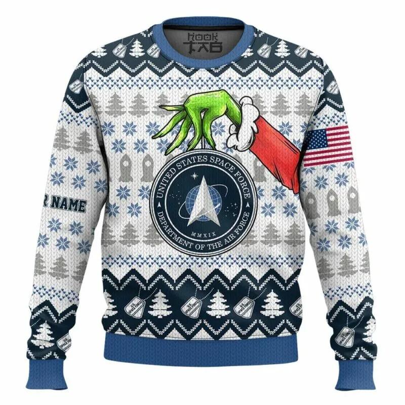 Custom Name Grinch x US Space Force Ugly Sweater, Grinch Holiday Sweater Moonbestprint