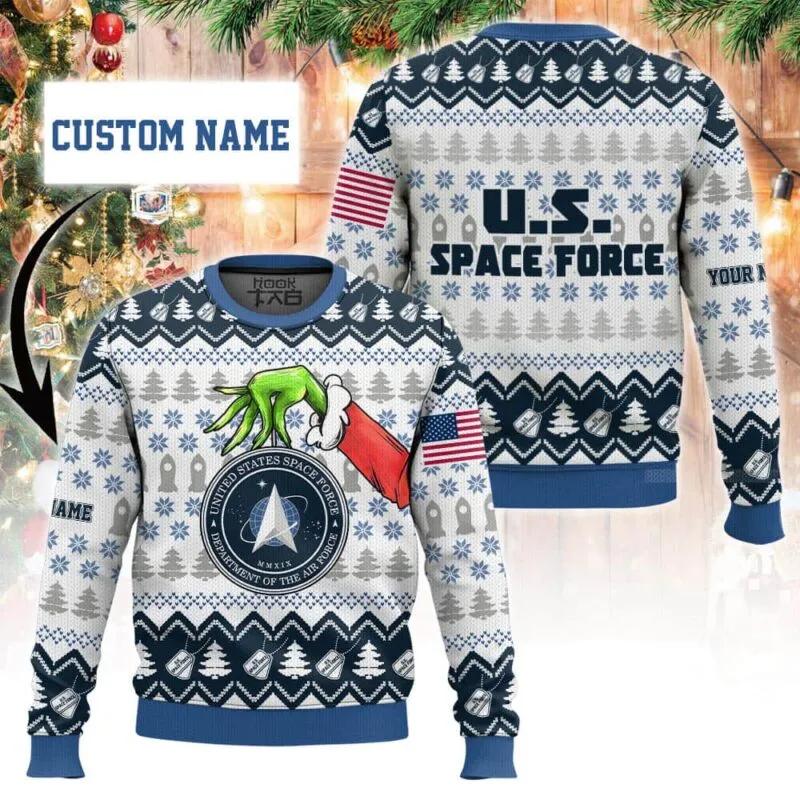 Custom Name Grinch x US Space Force Ugly Sweater, Grinch Holiday Sweater Moonbestprint