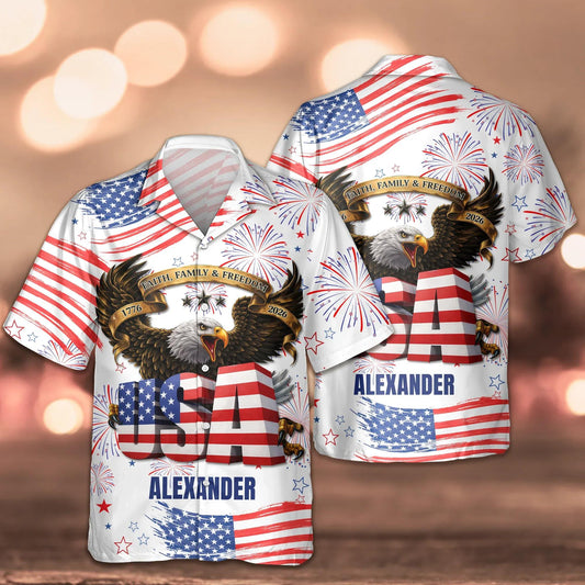 Custom Name Happy Independence's Day USA Eagle Faith, Family & Freedom 3D Hawaii Shirt, 250th Anniversary Gift Moonbestprint