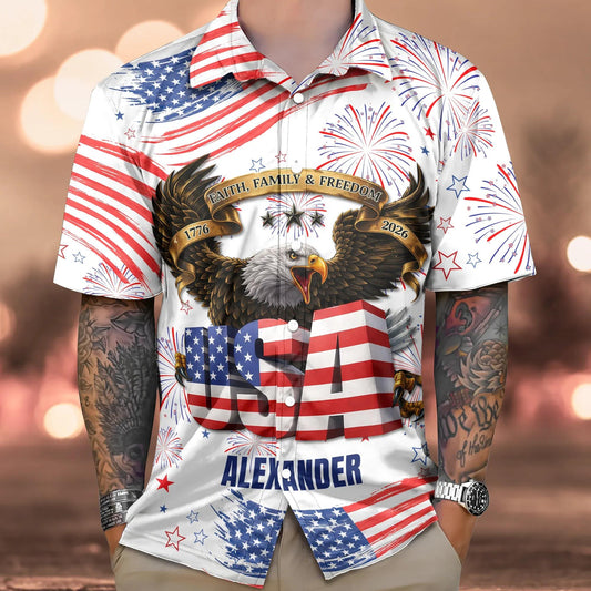 Custom Name Happy Independence's Day USA Eagle Faith, Family & Freedom 3D Hawaii Shirt, 250th Anniversary Gift Moonbestprint