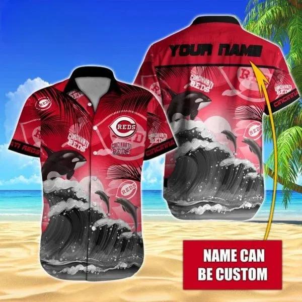 Custom Name MLB Cincinnati Reds Tropical Beach Whale 3D Hawaiian Shirt, MLB Hawaiian Shirt Moonbestprint