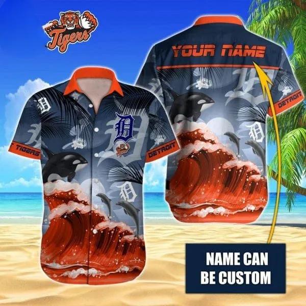 Custom Name MLB Detroit Tigers Tropical Beach Whale 3D Hawaiian Shirt, MLB Hawaiian Shirt Moonbestprint