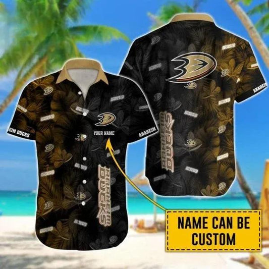 Custom Name NHL Anaheim Ducks Team Name And Tropical Pattern 3D Hawaiian Shirt, NHL Hawaiian Shirt Moonbestprint