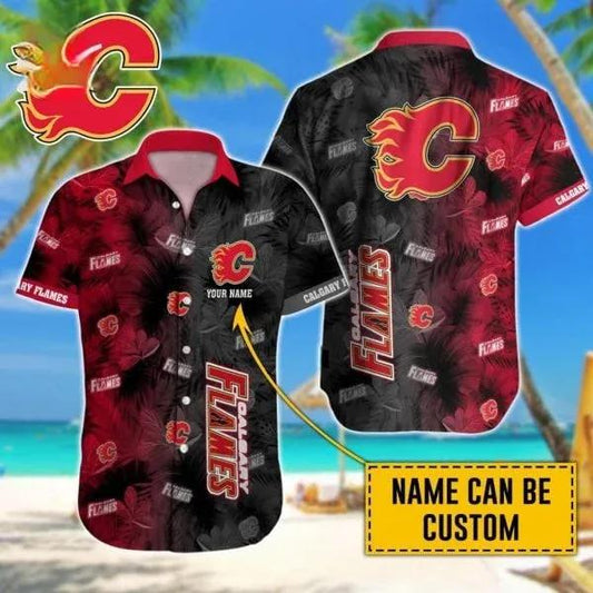 Custom Name NHL Calgary Flames Team Name And Tropical Pattern 3D Hawaiian Shirt, NHL Hawaiian Shirt Moonbestprint