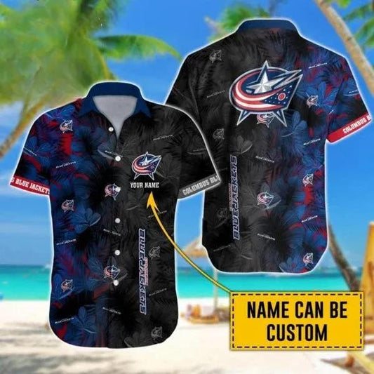 Custom Name NHL Columbus Blue Jackets Team Name And Tropical Pattern 3D Hawaiian Shirt, NHL Hawaiian Shirt Moonbestprint