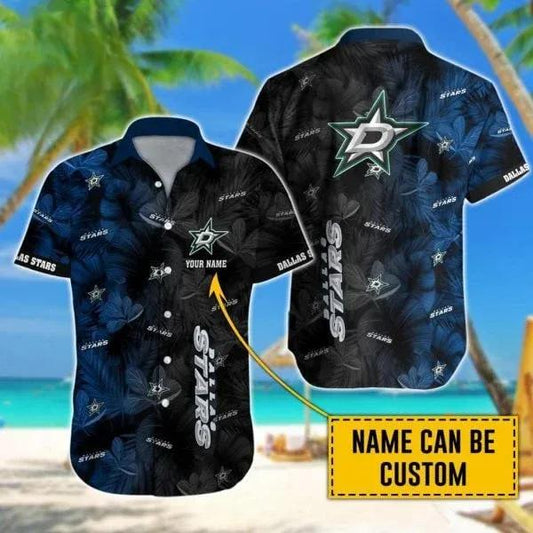 Custom Name NHL Dallas Stars Team Name And Tropical Pattern 3D Hawaiian Shirt, NHL Hawaiian Shirt Moonbestprint