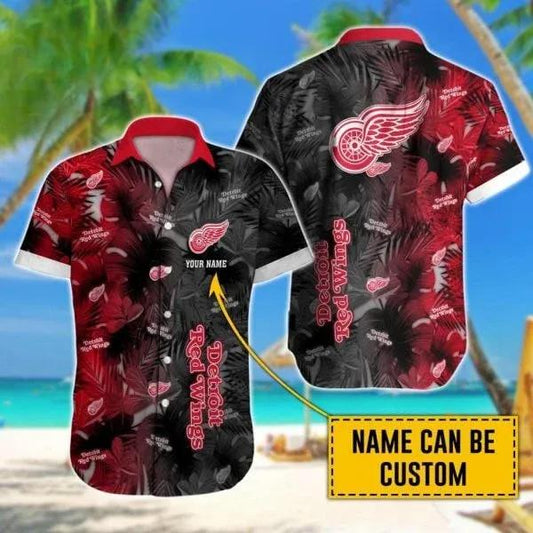 Custom Name NHL Detroit Red Wings Team Name And Tropical Pattern 3D Hawaiian Shirt, NHL Hawaiian Shirt Moonbestprint