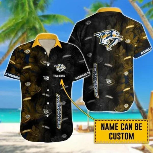 Custom Name NHL Nashville Predators Team Name And Tropical Pattern 3D Hawaiian Shirt, NHL Hawaiian Shirt Moonbestprint