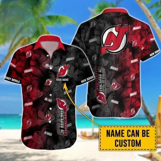 Custom Name NHL New Jersey Devils Team Name And Tropical Pattern 3D Hawaiian Shirt, NHL Hawaiian Shirt Moonbestprint