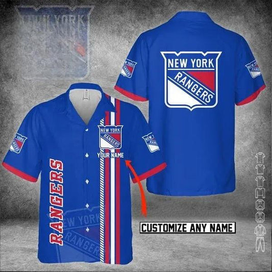Custom Name NHL New York Rangers Blue 3D Hawaiian Shirt, NHL Hawaiian Shirt Moonbestprint