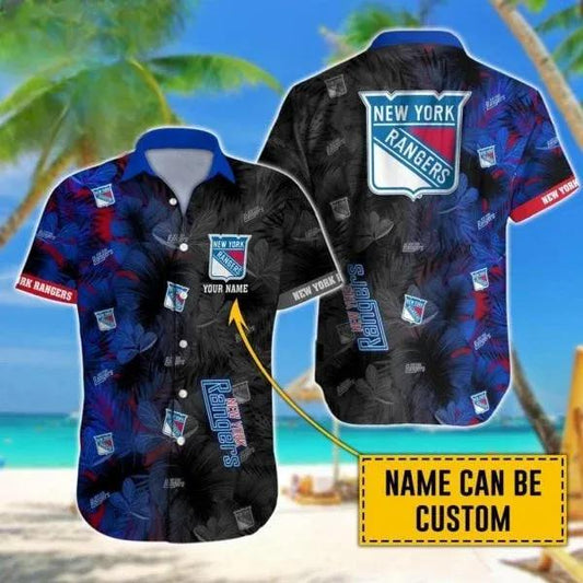 Custom Name NHL New York Rangers Team Name And Tropical Pattern 3D Hawaiian Shirt, NHL Hawaiian Shirt Moonbestprint