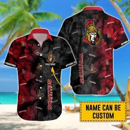 Custom Name NHL Ottawa Senators Team Name And Tropical Pattern 3D Hawaiian Shirt, NHL Hawaiian Shirt Moonbestprint