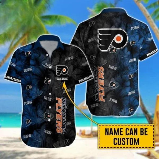 Custom Name NHL Philadelphia Flyers Team Name And Tropical Pattern 3D Hawaiian Shirt, NHL Hawaiian Shirt Moonbestprint