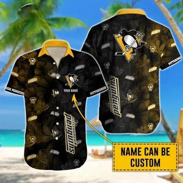 Custom Name NHL Pittsburgh Penguins Team Name And Tropical Pattern 3D Hawaiian Shirt, NHL Hawaiian Shirt Moonbestprint