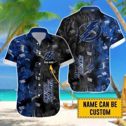 Custom Name NHL Tampa Bay Lightning Team Name And Tropical Pattern 3D Hawaiian Shirt, NHL Hawaiian Shirt Moonbestprint
