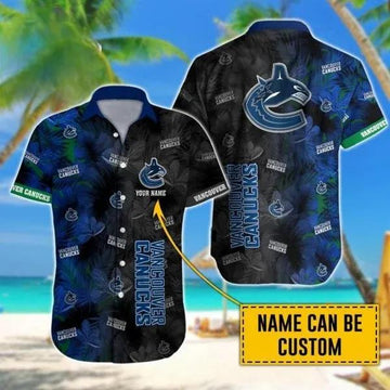 Custom Name NHL Vancouver Canucks Team Name And Tropical Pattern 3D Hawaiian Shirt, NHL Hawaiian Shirt Moonbestprint