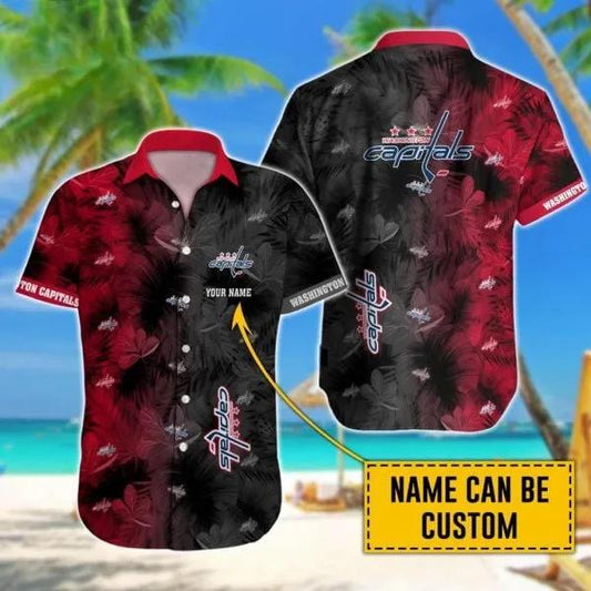 Custom Name NHL Washington Capitals Team Name And Tropical Pattern 3D Hawaiian Shirt, NHL Hawaiian Shirt Moonbestprint