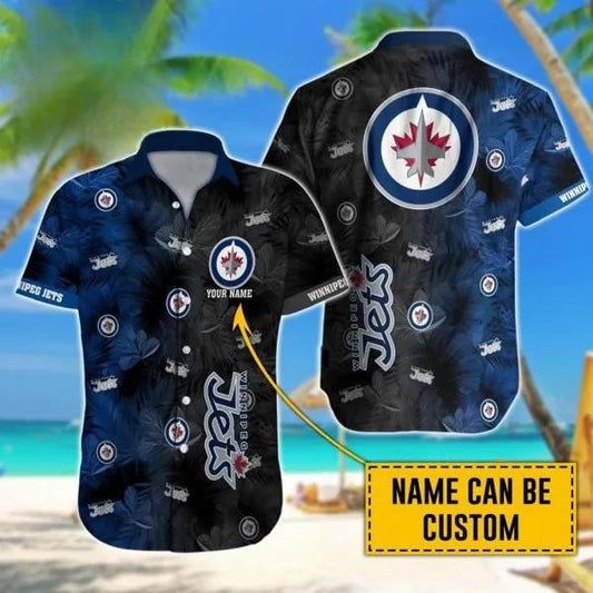 Custom Name NHL Winnipeg Jets Team Name And Tropical Pattern 3D Hawaiian Shirt, NHL Hawaiian Shirt Moonbestprint