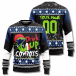 Custom Name & Number Dallas Cowboys Drink Up Grinch Ugly Christmas Sweater 2025 – Moonbestprint