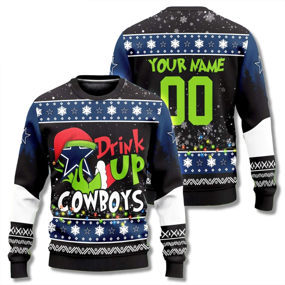 Custom Name & Number Dallas Cowboys Drink Up Grinch Ugly Christmas Sweater 2025 – Moonbestprint