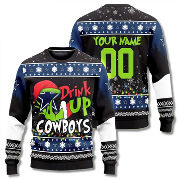 Custom Name & Number Dallas Cowboys Drink Up Grinch Ugly Christmas Sweater 2025 – Moonbestprint