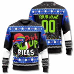 Custom Name & Number Grinch Drink Up Buffalo Bills Ugly Christmas Sweater 2025 – Moonbestprint