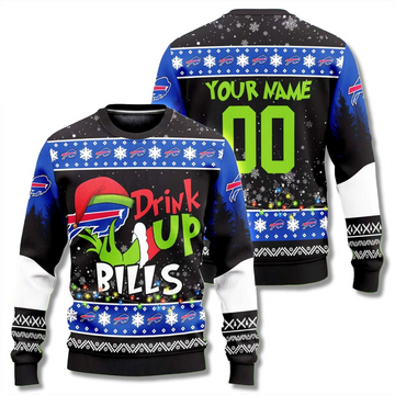 Custom Name & Number Grinch Drink Up Buffalo Bills Ugly Christmas Sweater 2025 – Moonbestprint