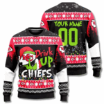 Custom Name & Number Grinch Drink Up Kansas City Chiefs Ugly Christmas Sweater 2025 – Moonbestprint