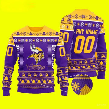 Custom Name Number Logo Minnesota Vikings Ugly Christmas Sweater, NFL Christmas Sweater Moonbestprint