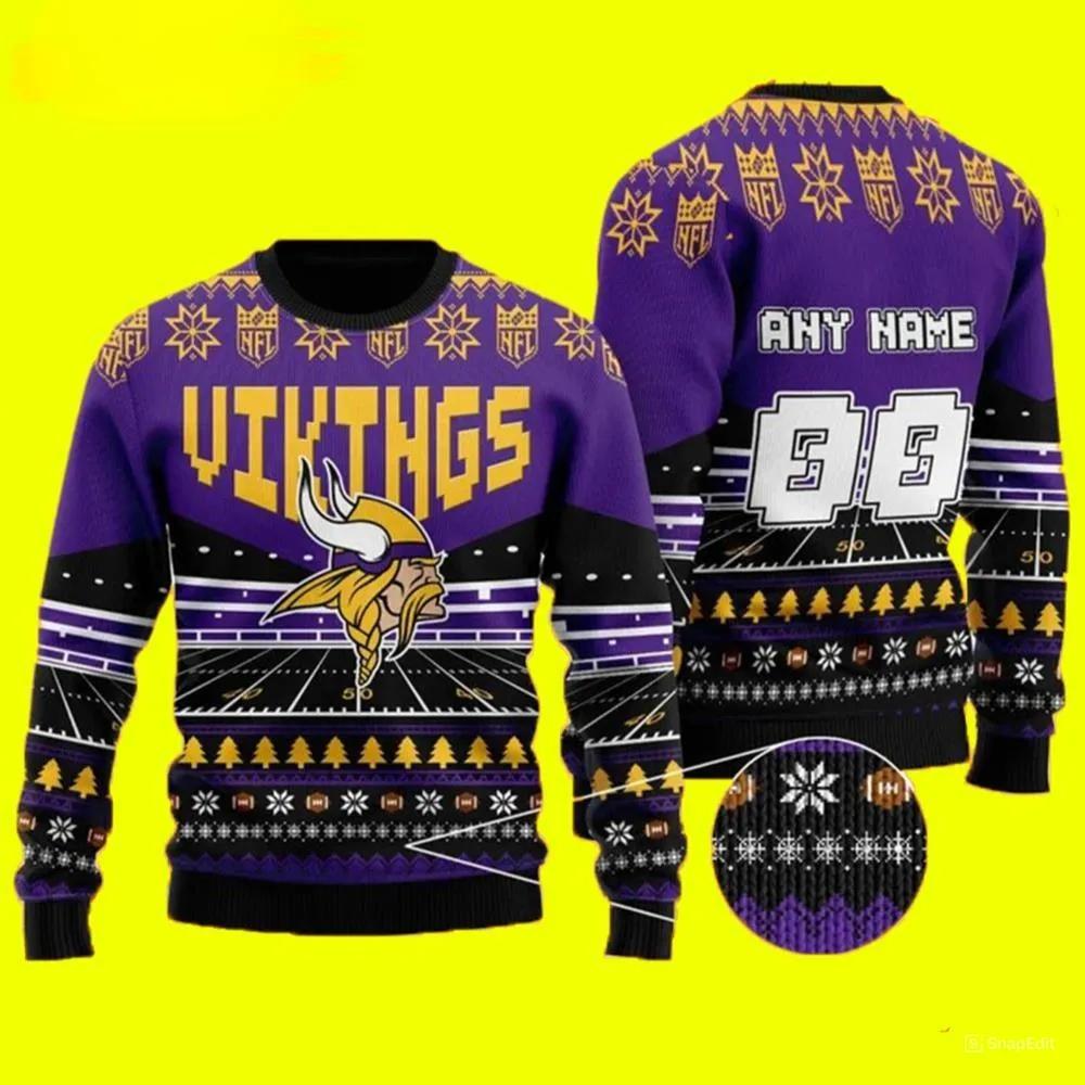 Custom Name Number Minnesota Vikings Ugly Christmas Sweater, NFL Christmas Sweater Moonbestprint