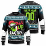 Custom Name & Number Philadelphia Eagles Drink Up Grinch Ugly Christmas Sweater 2025 – Moonbestprint