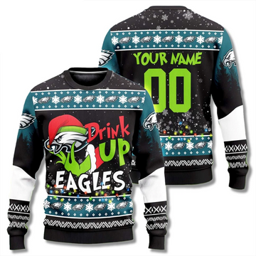 Custom Name & Number Philadelphia Eagles Drink Up Grinch Ugly Christmas Sweater 2025 – Moonbestprint