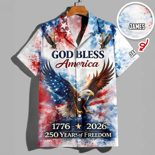 Custom Name Patriotic 250th Anniversary God Bless America Eagle 1776–2026 Hawaii Shirt, 250th Anniversary Gift Moonbestprint