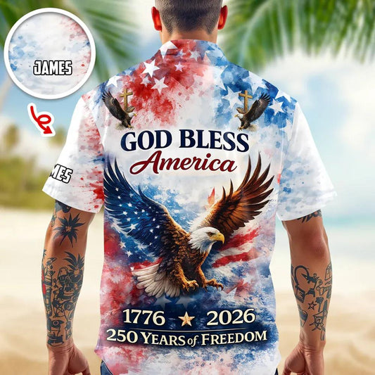 Custom Name Patriotic 250th Anniversary God Bless America Eagle 1776–2026 Hawaii Shirt, 250th Anniversary Gift Moonbestprint