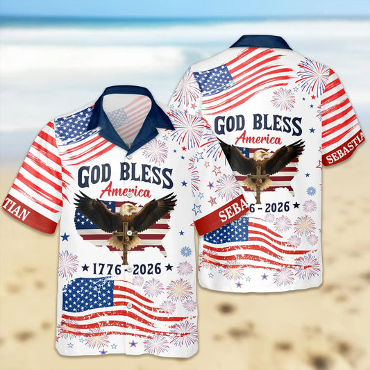 Custom Name Patriotic 250th Anniversary God Bless America Eagle Hawaii Shirt, 250th Anniversary Gift Moonbestprint