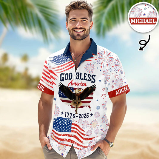 Custom Name Patriotic 250th Anniversary God Bless America Eagle Hawaii Shirt, 250th Anniversary Gift Moonbestprint