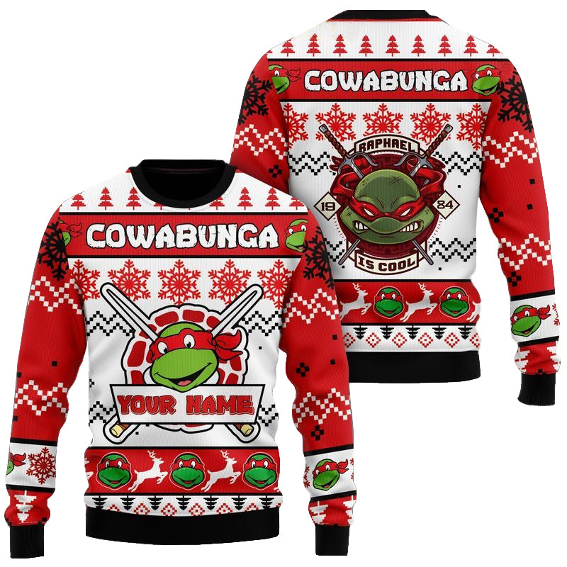 Custom Name Teenage Mutant Ninja Turtles Raphael Ugly Christmas Sweater 2025 Red – Moonbestprint