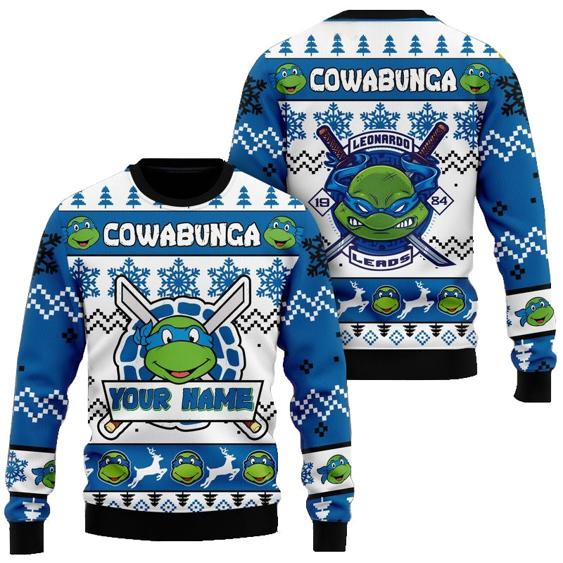Custom Name Teenage Mutant Ninja Turtles Leonardo Leads Ugly Christmas Sweater 2025 Blue – Moonbestprint